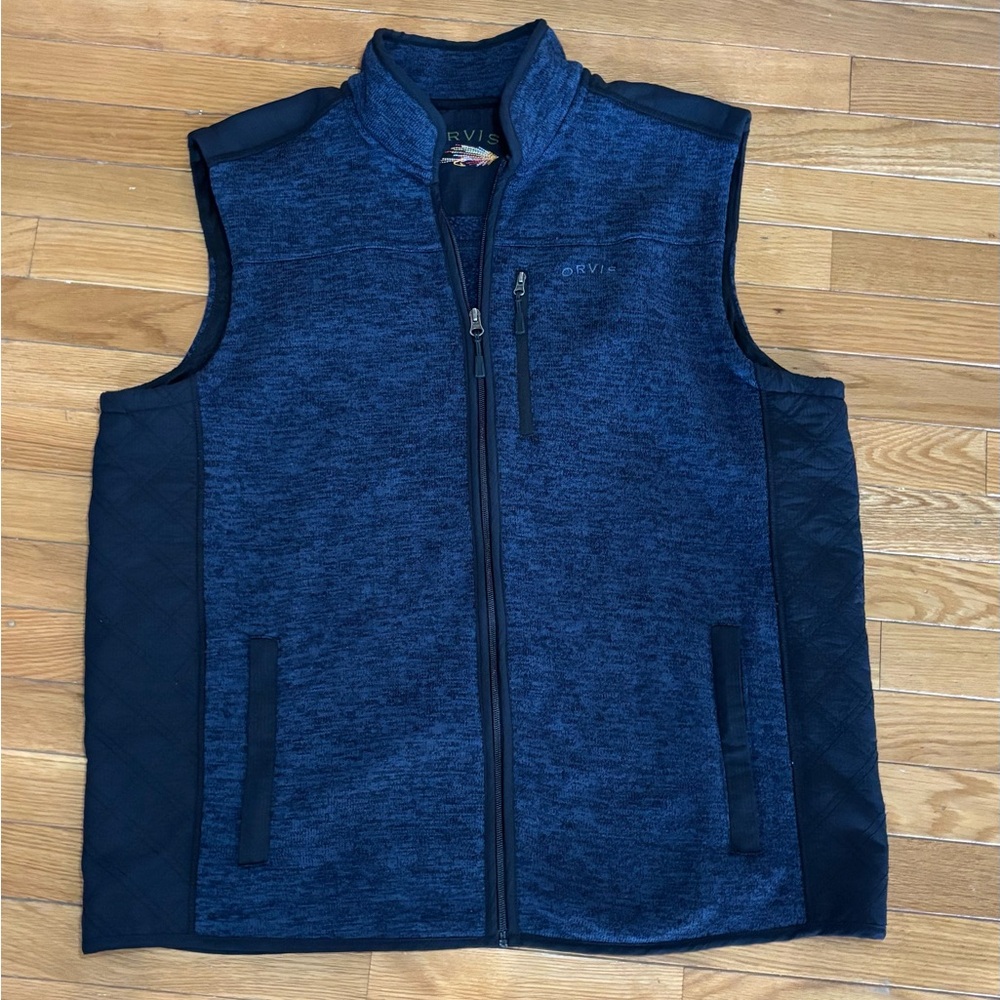 Orvis Men's Blue Black Full Zip Vest XXL Zipped Pockets Mid-Length Casual